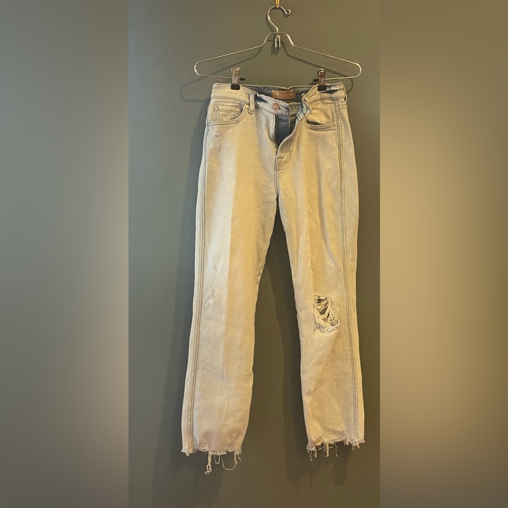 7 For All Mankind Blue Straight Leg Jeans with Distressed Details